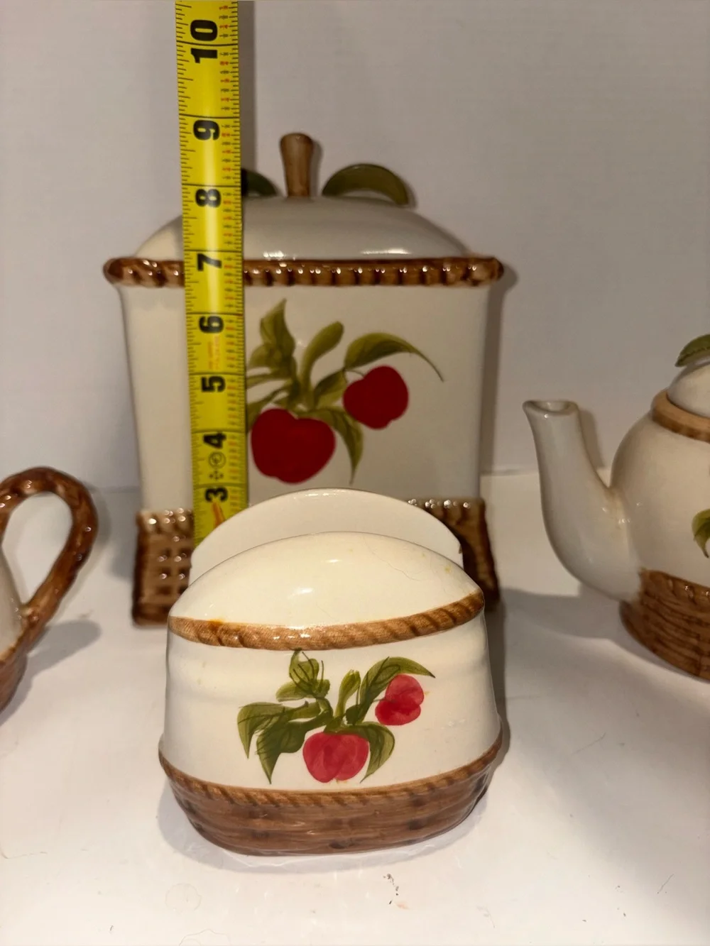 Ceramic Apple Motif Tea Set and Canister - Cream and Red